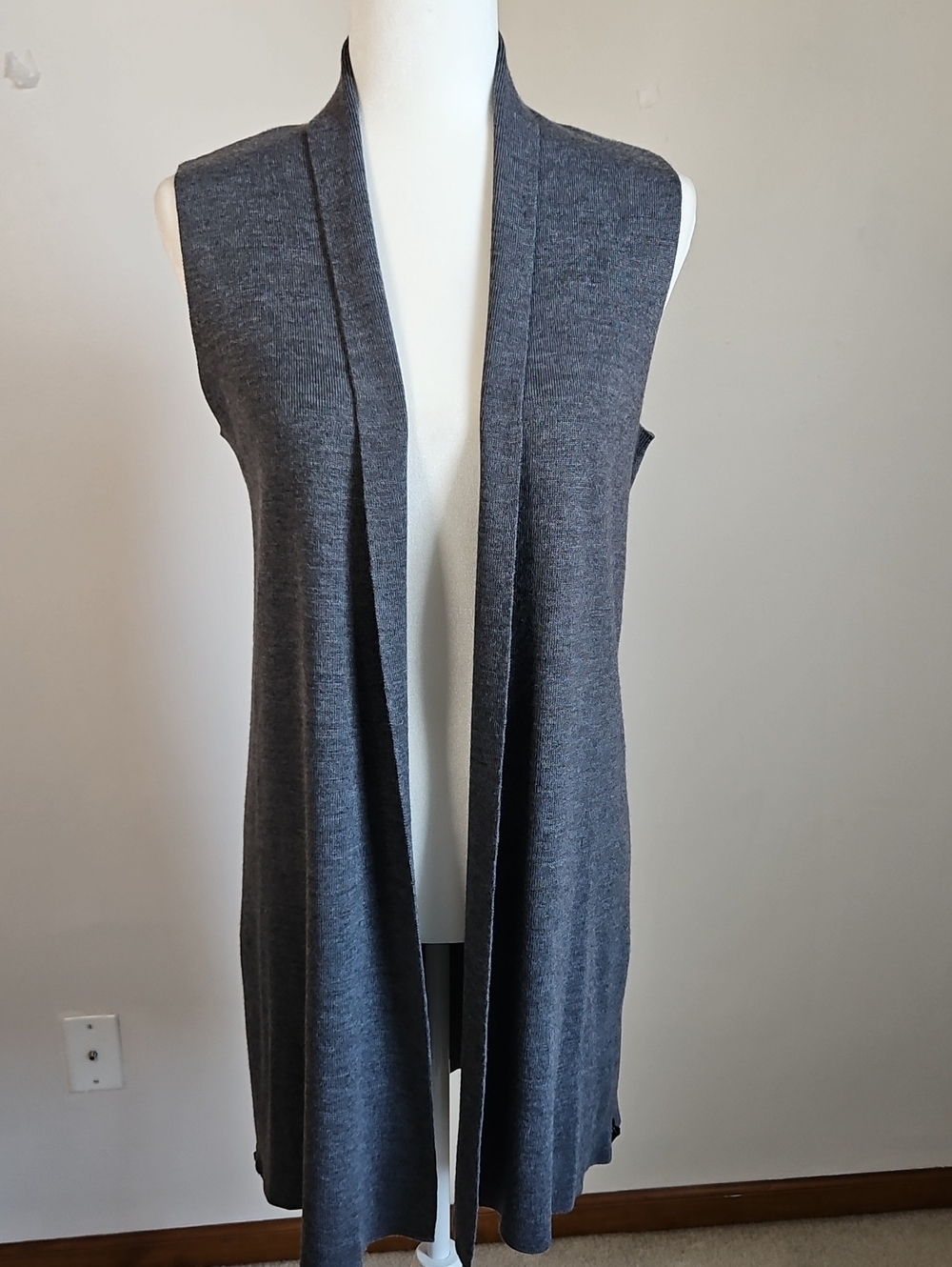 St Tropez West Long Open Cardigan Vest Merino Wool Blend Grey SM Hem Zippers